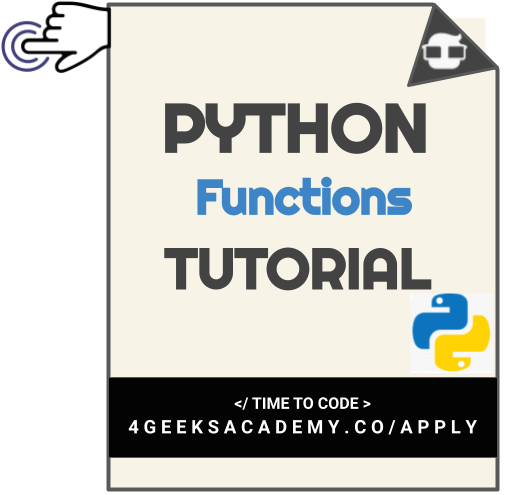 Portada del tutorial de funciones de Python: una tarjeta color crema con el texto PYTHON FUNCTIONS TUTORIAL, el logo azul y amarillo de Python y un pie negro que dice TIME TO CODE